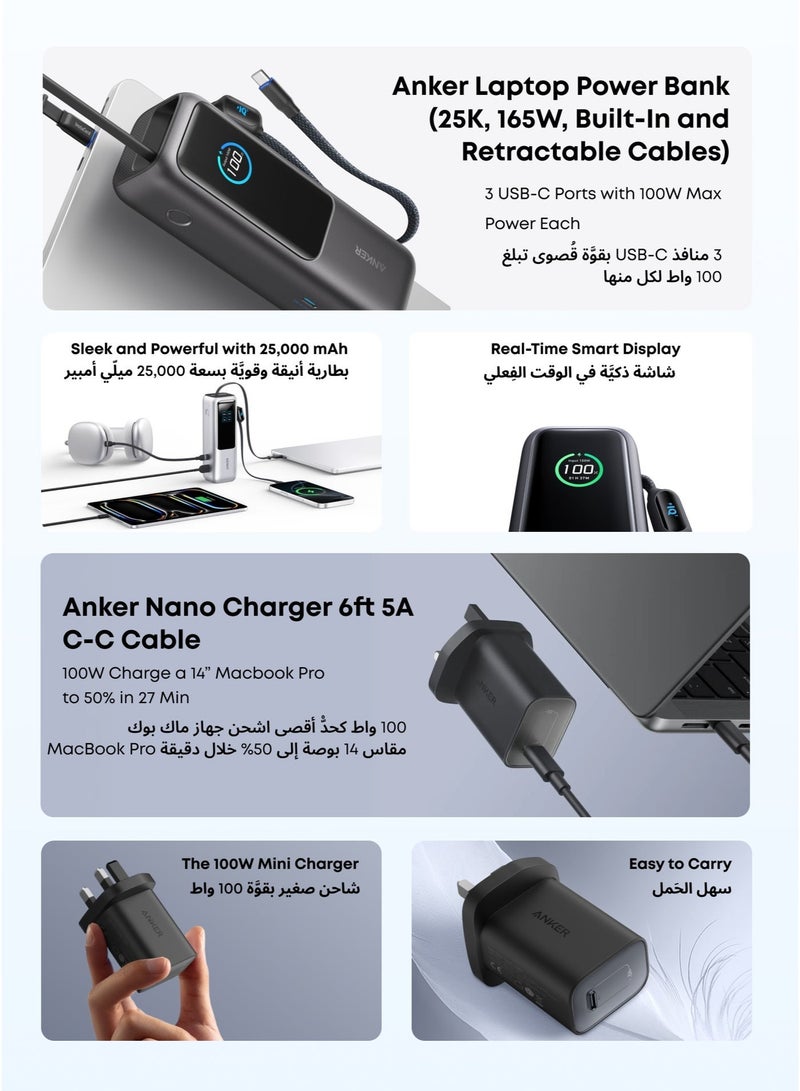 Anker باور بانك، 25,000mAh 165W شاحن محمول فائق السرعة للكمبيوترين المحمولين، حزمة بطارية للشحن السريع مع كابلات مدمجة وقابلة للسحب، لجهاز iPhone 17/16، سامسونج، والمزيد &amp; شاحن ماك بوك نانو 100W، شاحن USB-C لجهاز ماك بوك، آيباد، سلسلة آيفون، جالاكسي، وجميع أجهزة USB C، كابل C بطول 6 أقدام متضمن - حزمة - Image 2